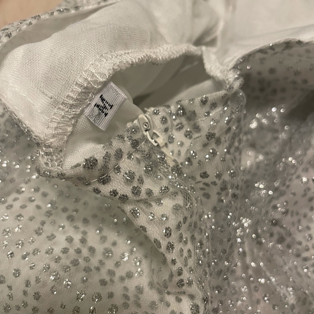 White Silver Shiny Long Dress with Sheer Sleeves and white underlining S - Picture 10 of 11